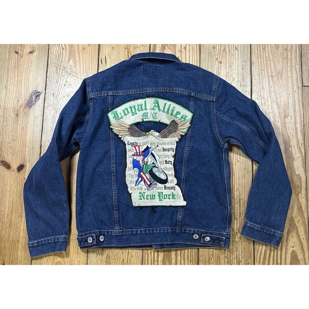 Levi Strauss Blue Motorcycle Denim Jacket Jean Embroidered Loyal Allies Sz XL